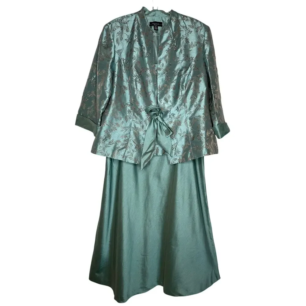 2000s R&M Richards seafoam brocade jacket & satin dress set size 18